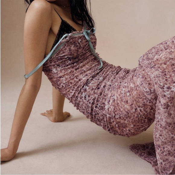 Anthropologie Sheer Mesh Midi Dress Size Large | Bodycon Ruched - Picture 4 of 16